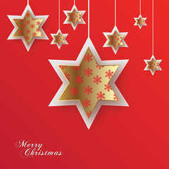 Christmas golden stars on red background - postcard