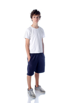 Cute Teeange Boy Standing On White Background