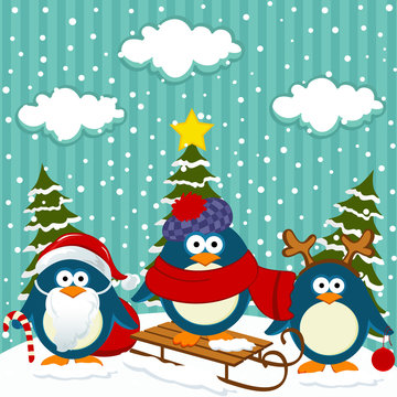 Penguins winter christmas - vector illustration