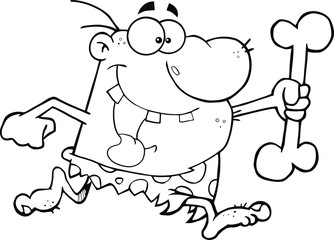 Black and White Caveman Running With A Big Bone