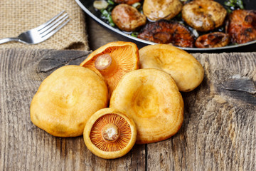 Saffron milk cap mushrooms on wooden table. Copy space