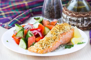 Fotobehang Steak fillet of red fish salmon with cheese crust breading © maria_lapina