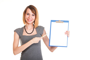 young business woman standing with her clipboard isolated