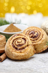 Cinnamon rolls in christmas setting