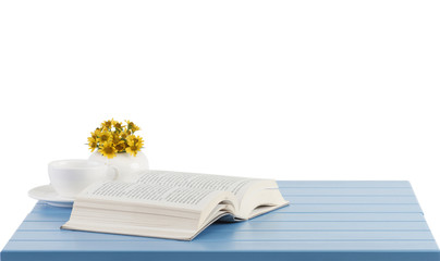 A coffee cup and opened book on the blue wooden table