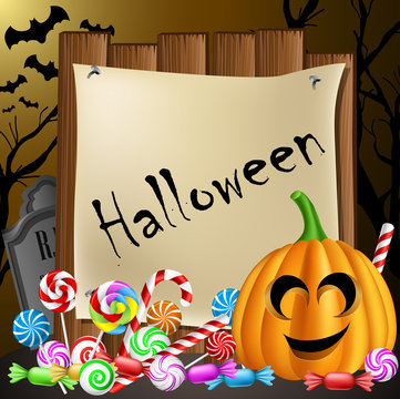 Halloween text frame with pumpkin and candies