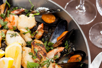 seafood paella in the fry pan