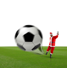 Santa Calus kicking a soccer ball