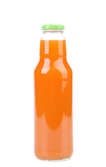 Fresh carrot juice in a bottle.