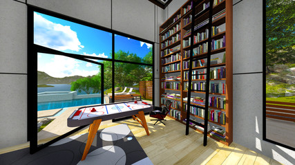 Modern living room with a view on lake
