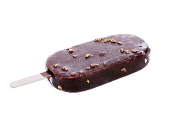 Chocolate-coated blocks of ice cream on stick