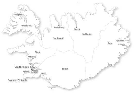 Simple vector map of Iceland with regions & cities