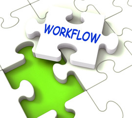 Fototapeta premium Workflow Puzzle Shows Structure Process Flow Or Procedure