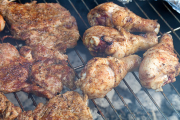 barbecue with delicious grilled meat on grill