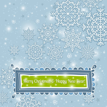 blue background of snowflakes with label, vector