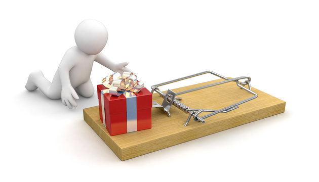 Man and Mousetrap with gift (clipping path included)