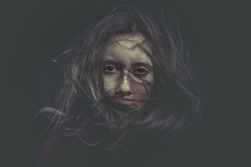 Photo of young beautiful lady with magnificent dark hair, autumn