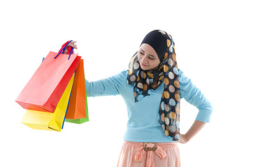 malay indonesian girl with shopping bags