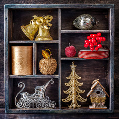 Christmas decorations in a vintage wooden box