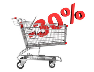 shopping cart with 30 percent discount isolated on white backgro