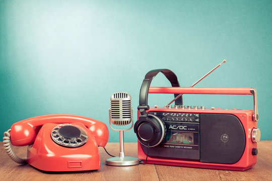 Retro telephone, radio cassette player, headphones, microphone