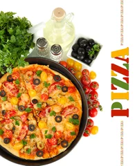 Fotobehang colorful composition of delicious pizza, vegetables and spices © Africa Studio