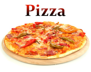 Tasty pepperoni pizza on wooden board isolated on white