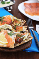 Salmon sandwiches on plate  on wooden table close-up