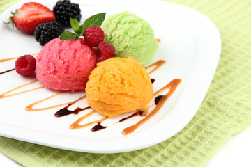 Delicious ice cream on plate close-up