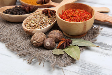 Various spices and herbs on table close up