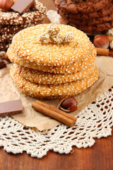 Homemade cookies with sesame seeds, chocolate,
