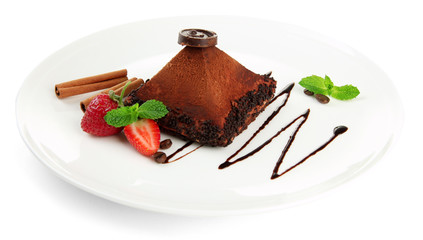 Delicious chocolate cake isolated on white