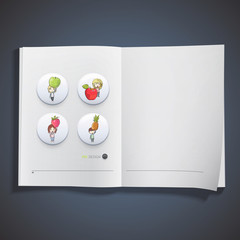 Kids holding colorful fruits printed on book.