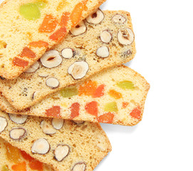 Biscotti with  nuts and candied fruits, isolated on white