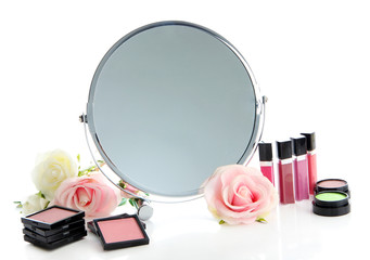 Group decorative cosmetics for makeup and mirror, isolated