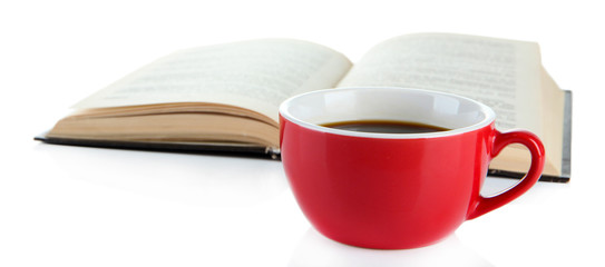 Cup of coffee and book isolated on white