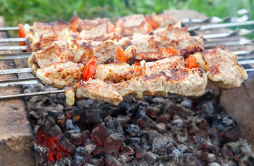 Meat is roasted on skewers at the outdoor