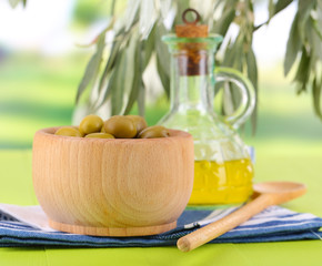 Olive oil and olives in bowl