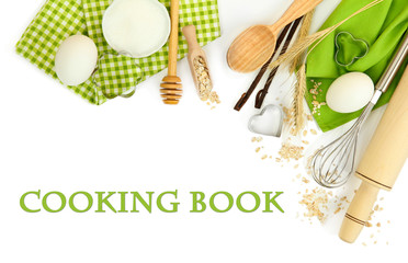 Cooking concept. Basic baking ingredients and kitchen tools