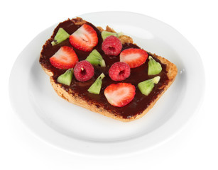 Delicious toast with berries and fruits isolated on white