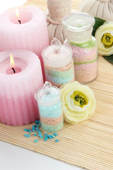 Aromatic salts in glass bottles and spa treatment,