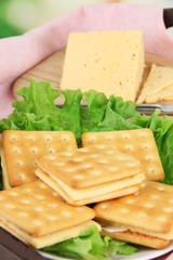 Sandwich crackers with cheese close up