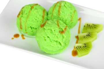 Delicious ice cream on plate isolated on white