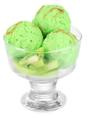 Delicious ice cream on glass vase isolated on white