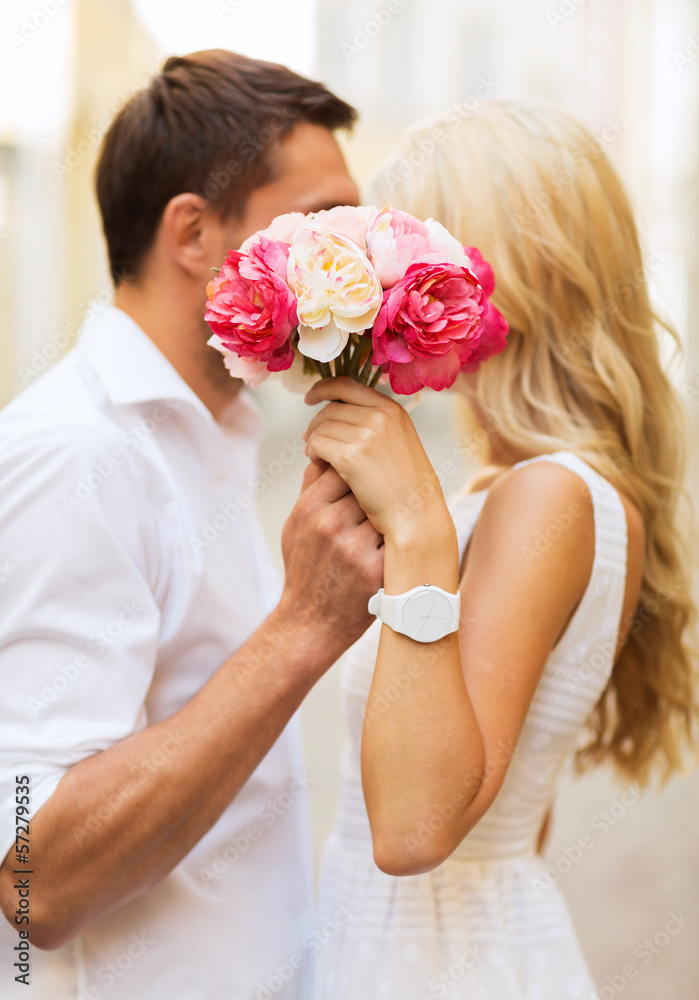 Sticker couple with flowers in the city