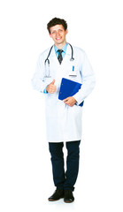 Portrait of a smiling male doctor holding a notepad and finger u