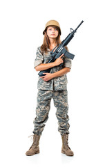 Soldier young beautiful girl dressed in a camouflage with a gun