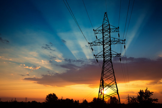 Fototapeta Power lines on a sunrise