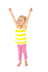 Young girl celebrating raising arms in the air