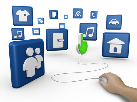 mouse and hand cursor with  social media symbol